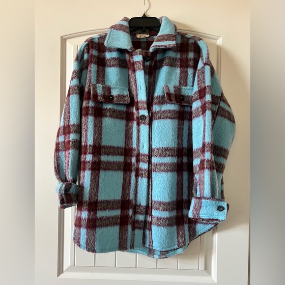 La Miel Jacket Women Small Relaxed Fit Button Blue Burgundy Plaid Travel Shacket - Picture 2 of 8